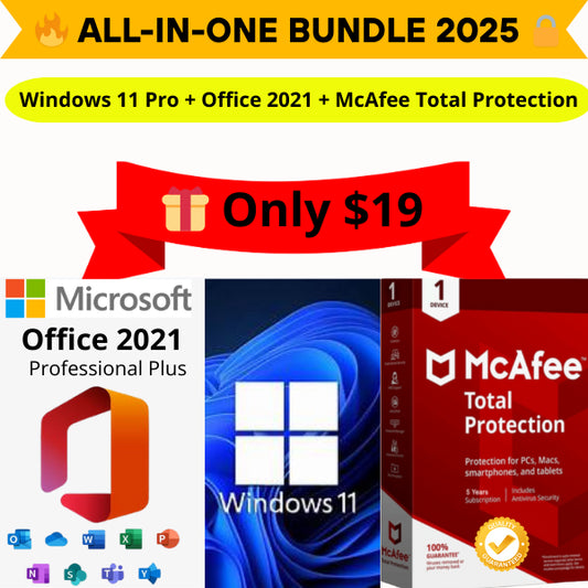 Windows 11 Pro+ Office 2021 + McAfee Total Protection – All in One Bundle 2025