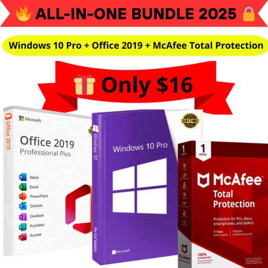 Windows 10 +Office 2019 + McAfee All-in-One Software Bundle